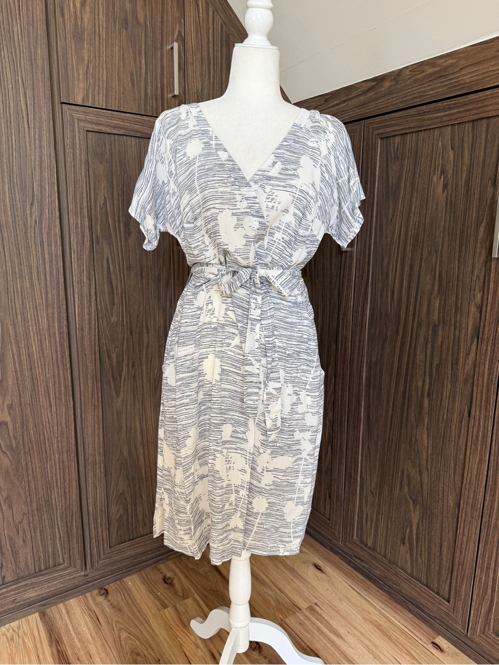 Navy & White Midi Wrap Dress with Tie Waist